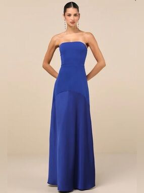 NWT Lulu's Strapless Royal Blue A-line Mix Material Evening Gown Small